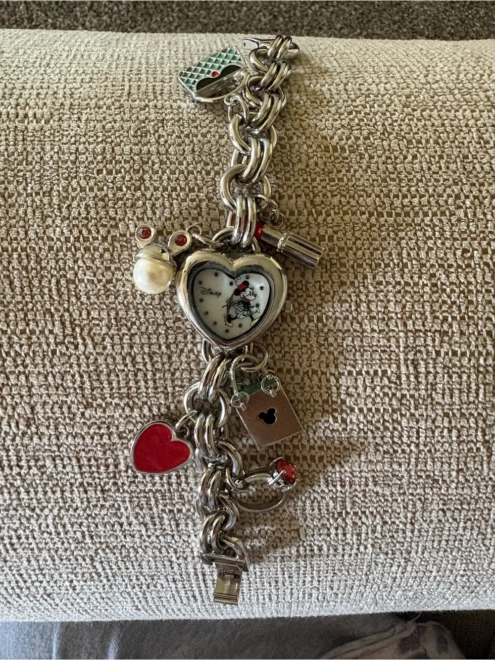 Disney Silver Tone Charm Bracelet Watch with Red and Pearl Accents